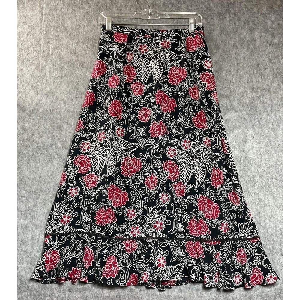 Napa Valley Skirt Womens Small Black Red Floral Rayon Midi A-Line Ruffle Hem